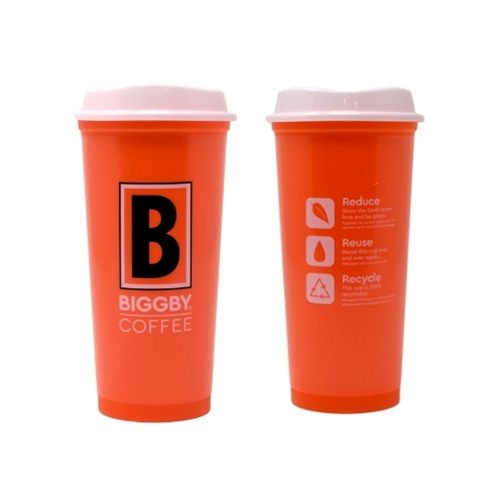 Biggby 32 Oz Orange / Purple Coffee Plastic Travel Mug Cup & Lid With Tag