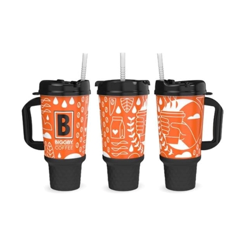 32 oz Biggby Good Vibes Orange Coffee Plastic Travel Mug Cup & Lid